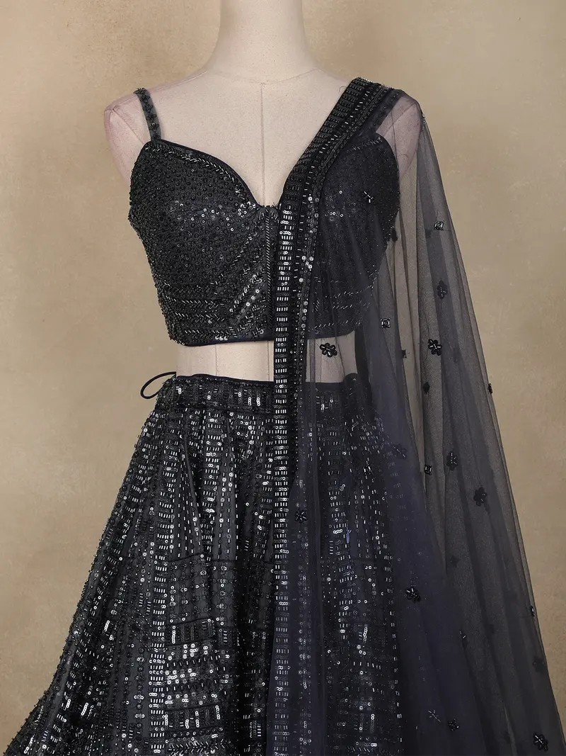 Navy Blue Sequins Embroidered Designer Lehenga Set With Net Dupatta 2