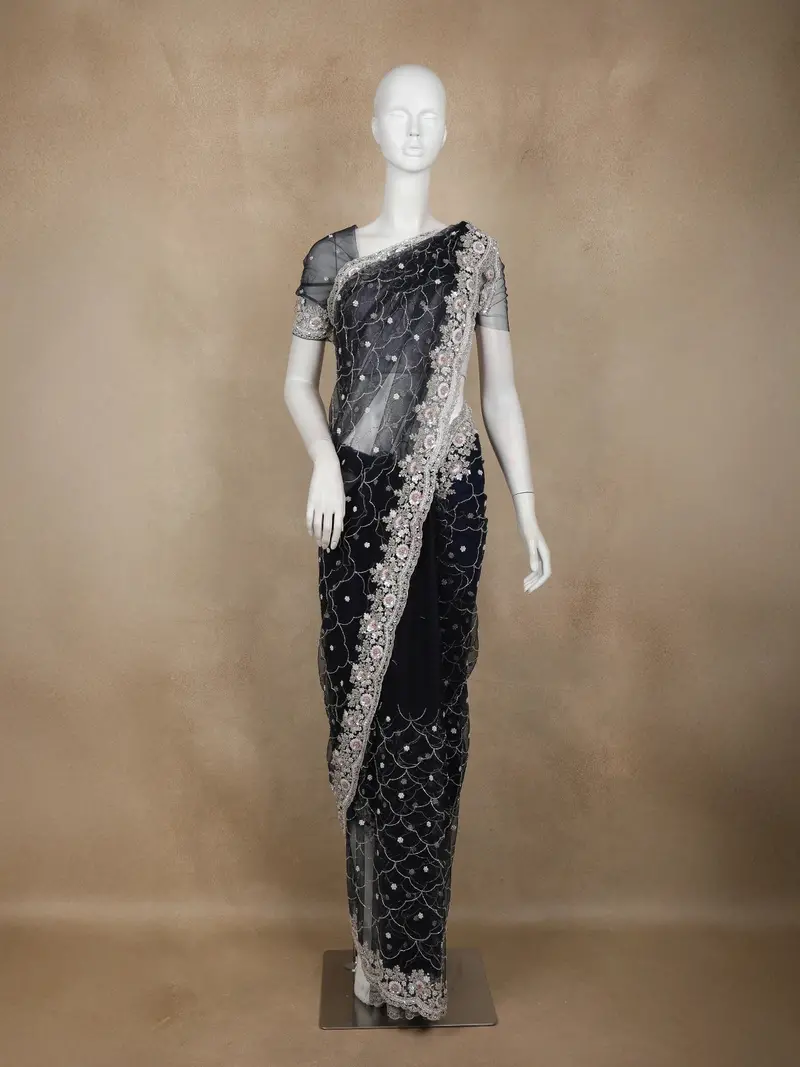 Navy Blue Sequins Embroidered Net Saree With Designer Cutwork Border 1