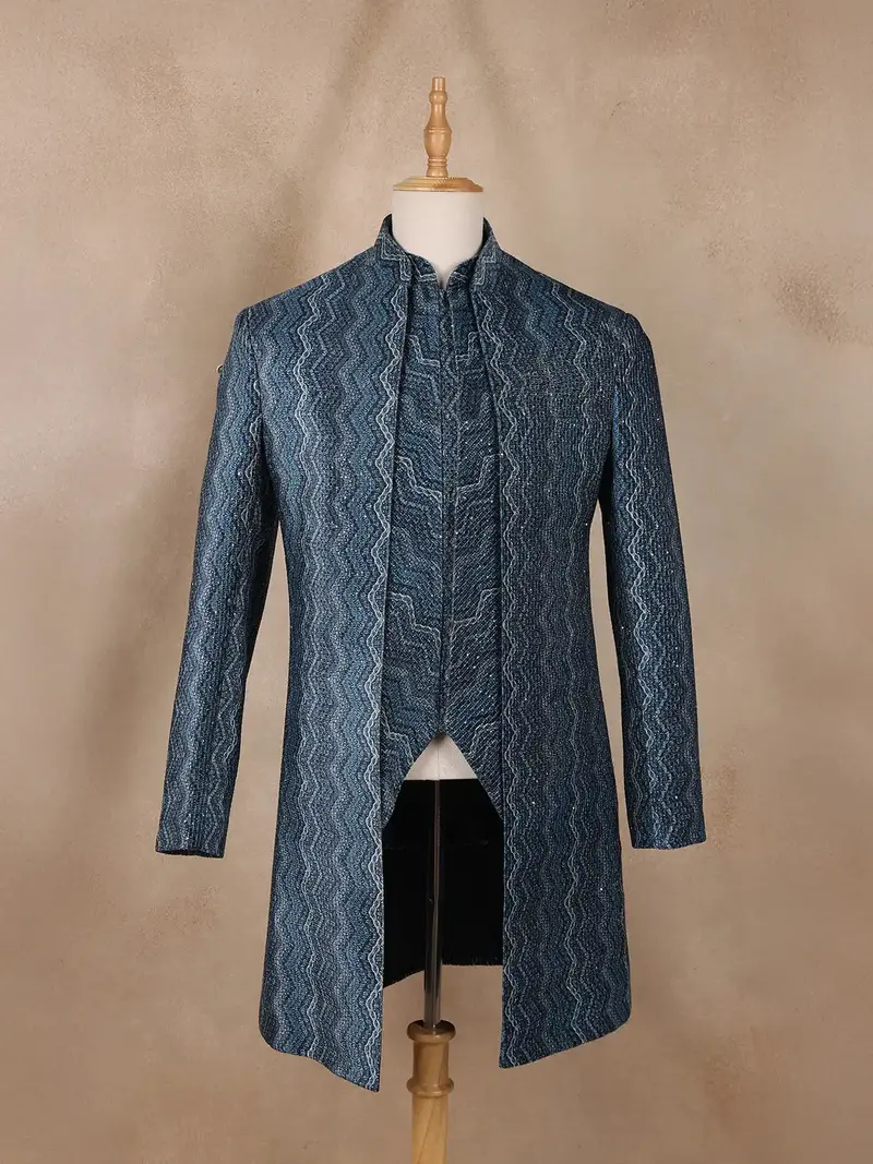 Navy Blue Sequins Embroidery Sherwani Suit 1