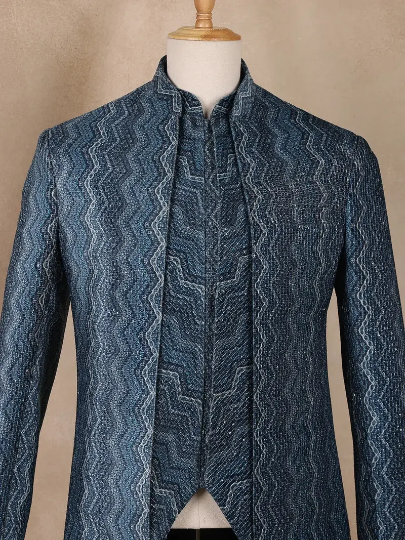 Navy Blue Sequins Embroidery Sherwani Suit 2