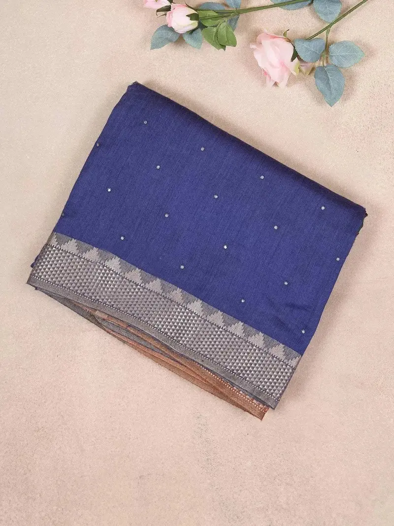 Navy Blue Soft Silk Saree With Zari Dot On The Body And Zari Border 1