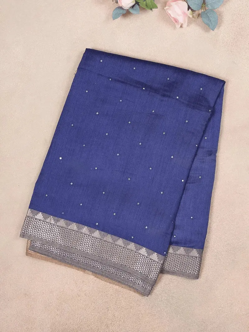 Navy Blue Soft Silk Saree With Zari Dot On The Body And Zari Border 2