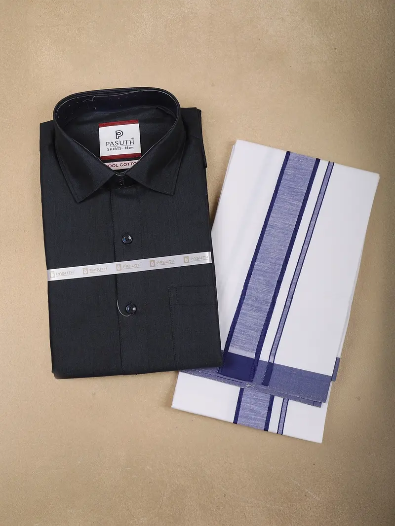 Navy Blue Solid Cotton Shirt With White Dhoti Featuring Blue Woven Border 1