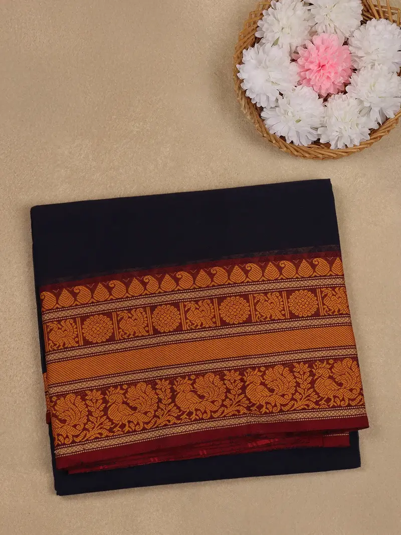 Navy Blue Solid Design Cotton Saree 1