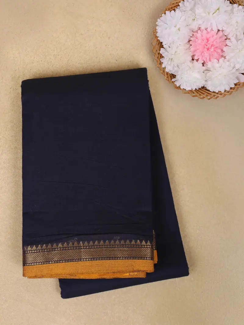 Navy Blue Solid Design Cotton Saree With Contrast Zari Border 1