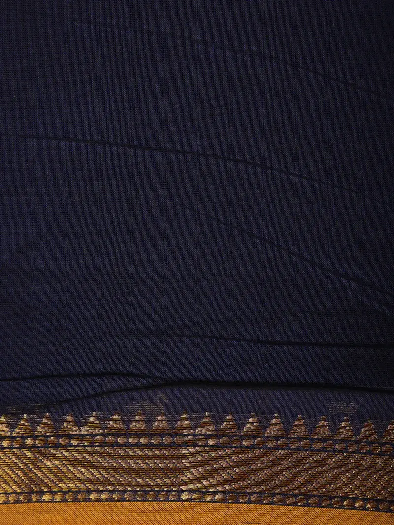 Navy Blue Solid Design Cotton Saree With Contrast Zari Border 2