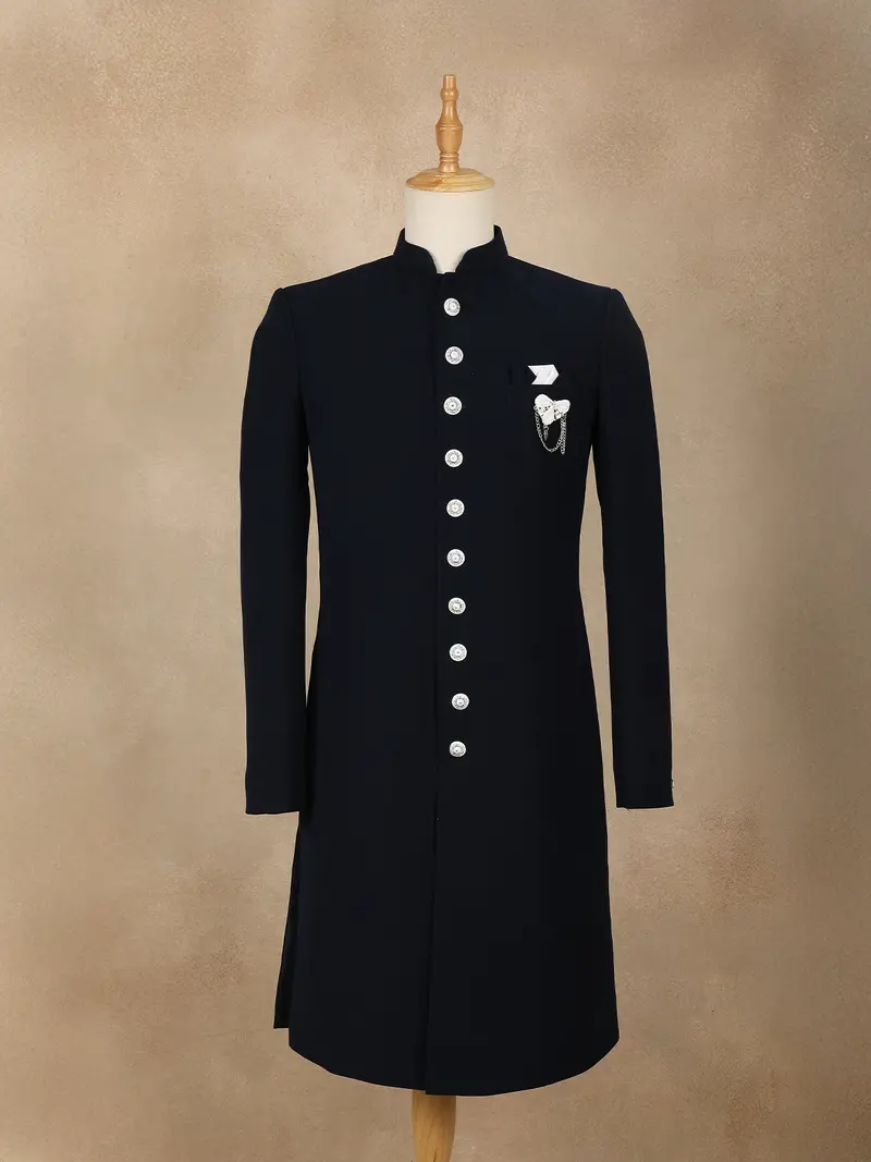Navy Blue Solid Design Jacquard Indo-Western Sherwani 1