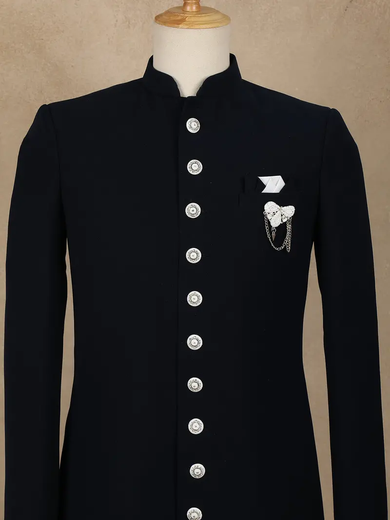 Navy Blue Solid Design Jacquard Indo-Western Sherwani 2
