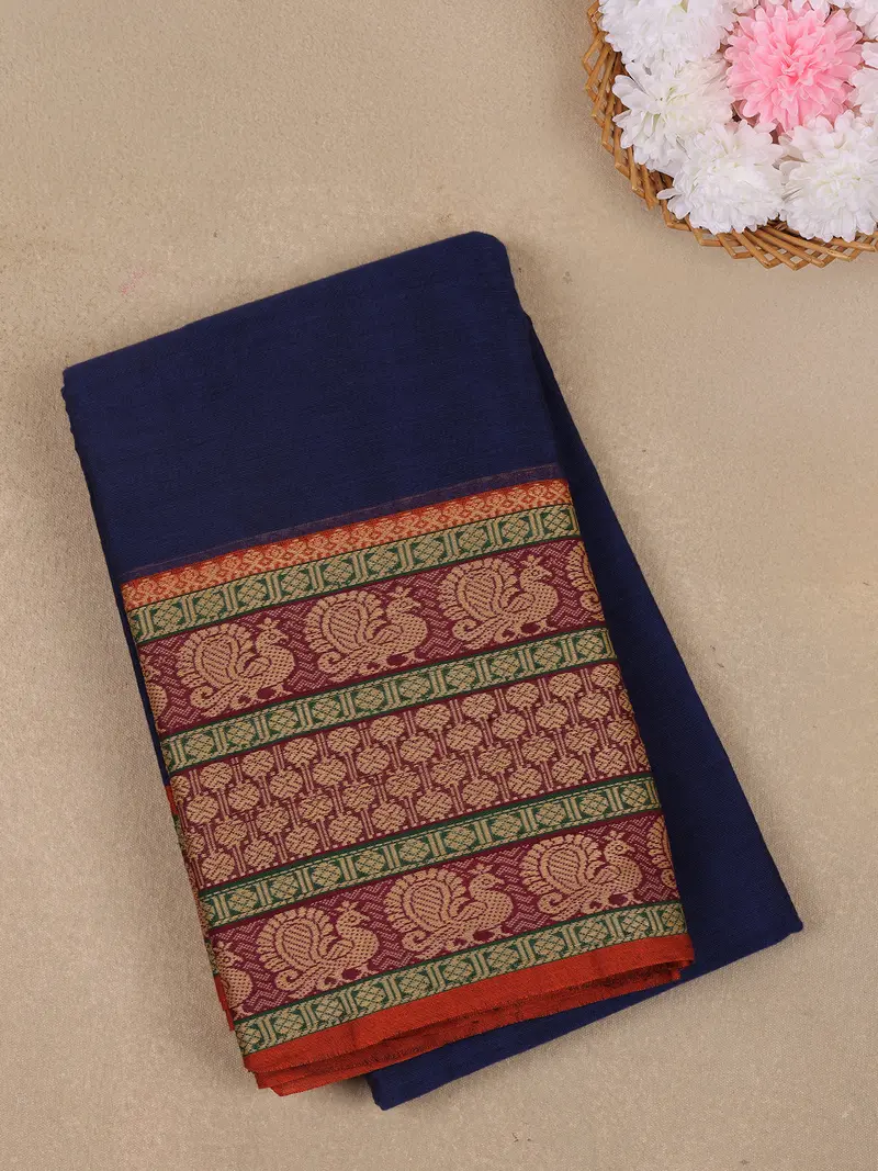 Navy Blue Solid Design Pure Cotton Saree With Contrast Peacock Motif Border 1