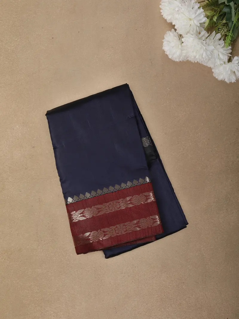 Navy Blue Solid Design Semi Silk Fancy Wear Saree With Contrast Border 1