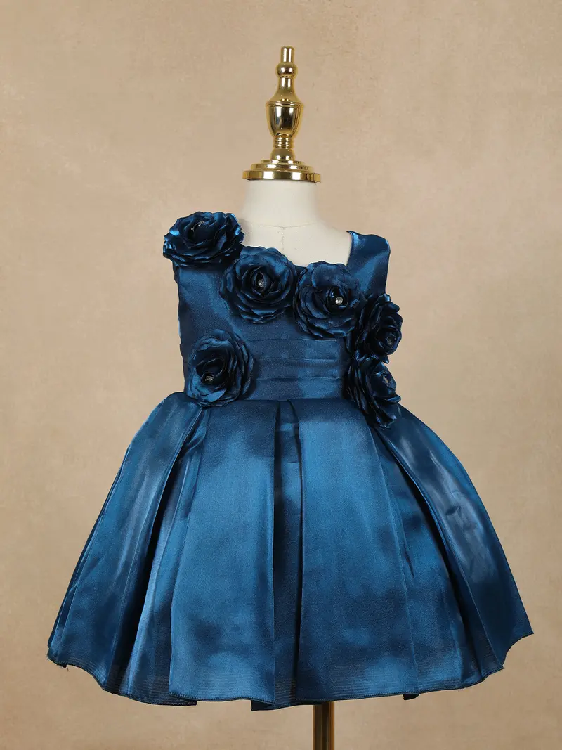 Navy Blue Solid Design With 3D Floral Embellishment Satin Frock 1