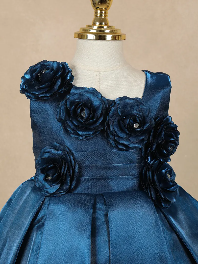 Navy Blue Solid Design With 3D Floral Embellishment Satin Frock 2