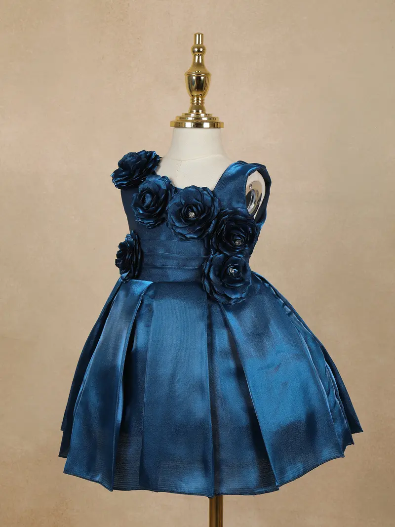 Navy Blue Solid Design With 3D Floral Embellishment Satin Frock 3