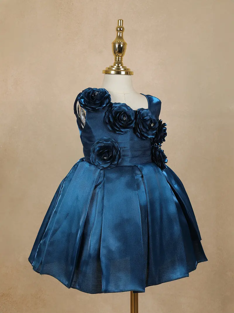 Navy Blue Solid Design With 3D Floral Embellishment Satin Frock 4
