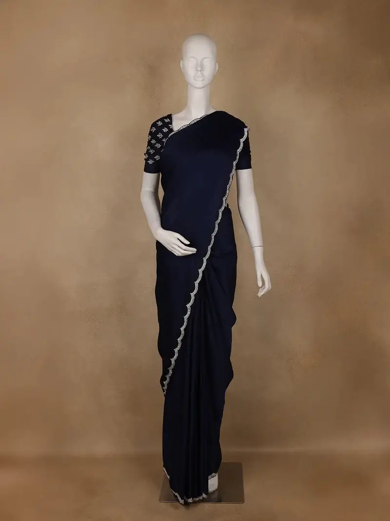 Navy Blue Solid Designed Satin Saree With Scalloped Border 1