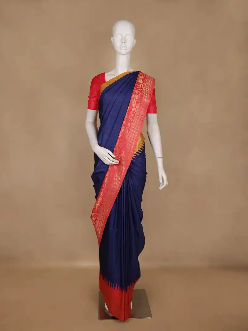 Navy Blue Solid Designed Tussar Silk Saree With Contrast Border 1
