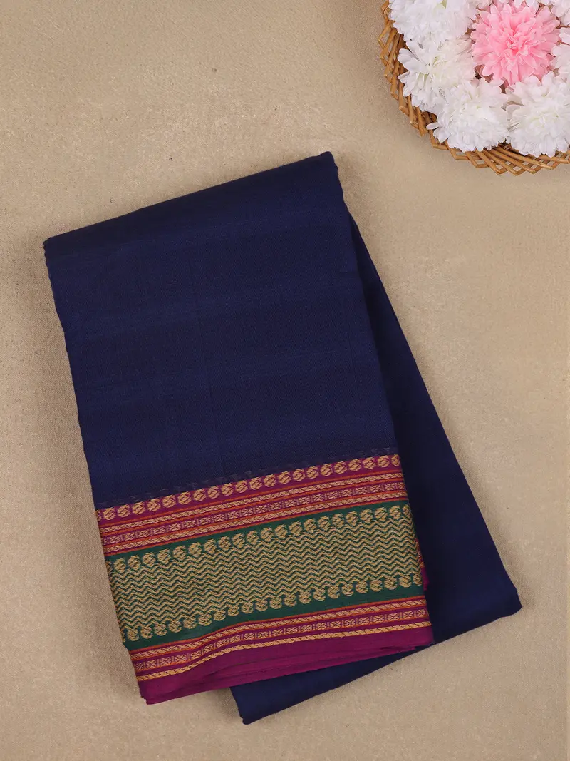 Navy Blue Solid Woven Design Pure Cotton Saree With Contrast Border 1