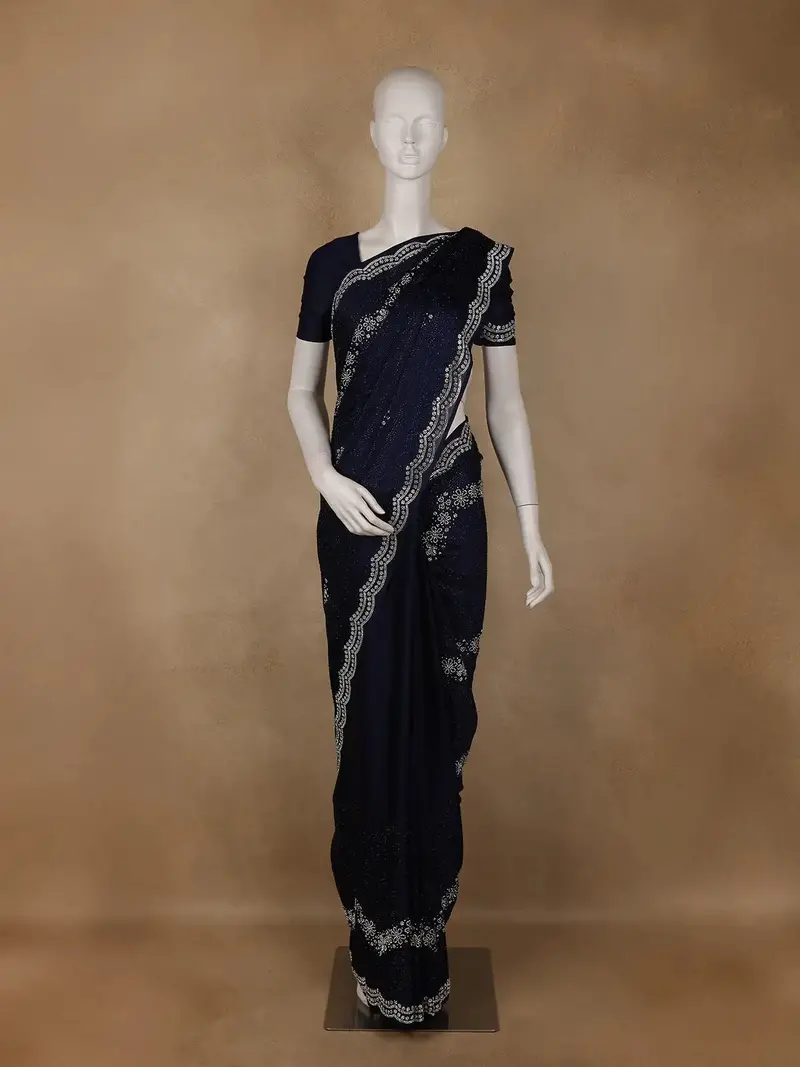 Navy Blue Stone Embellished Satin Saree With Scalloped Border 1