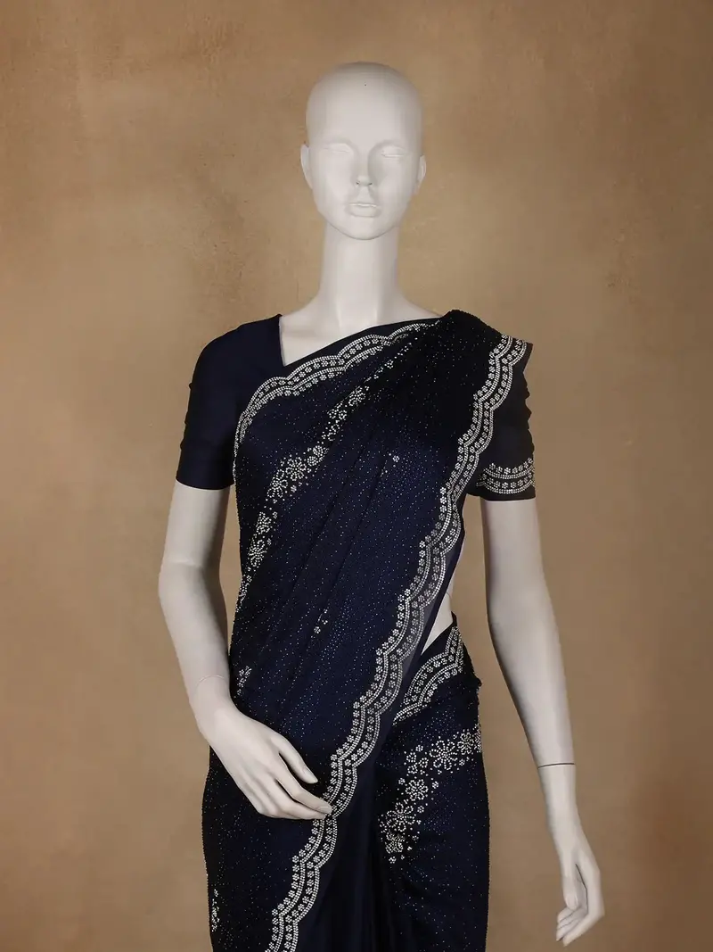 Navy Blue Stone Embellished Satin Saree With Scalloped Border 2