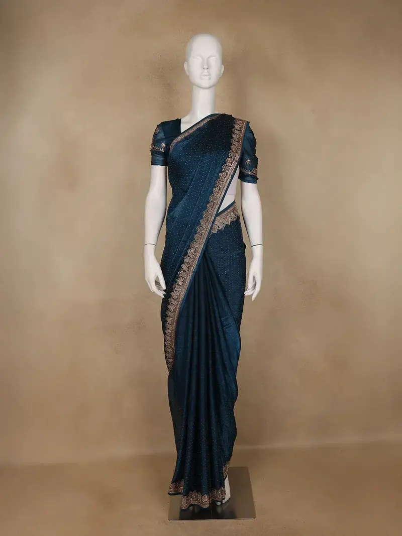 Navy Blue Stone Embellishment Chiffon Saree 1