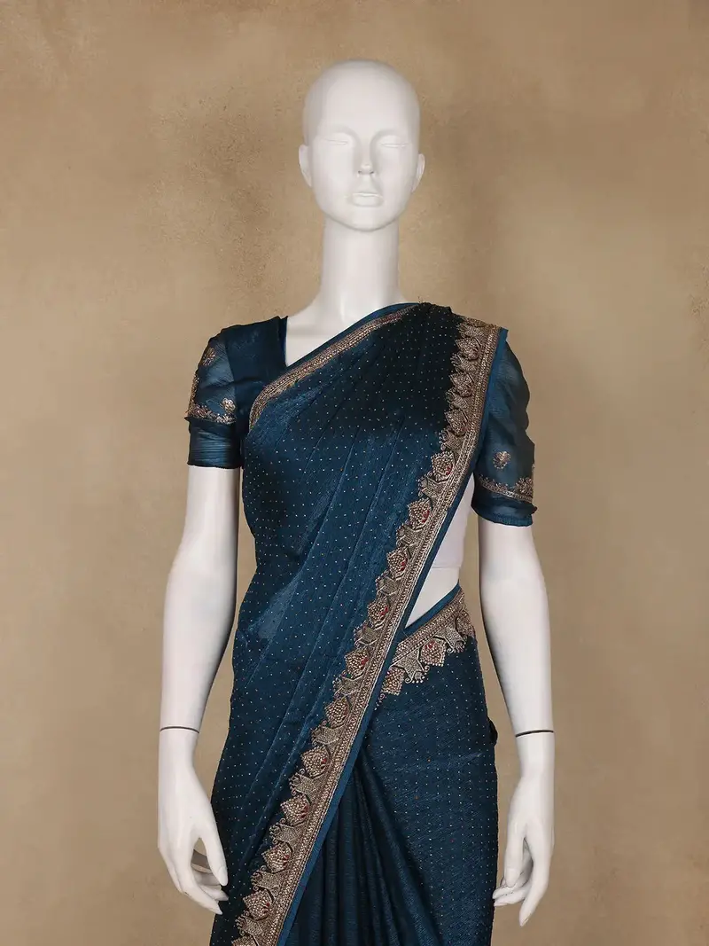 Navy Blue Stone Embellishment Chiffon Saree 2