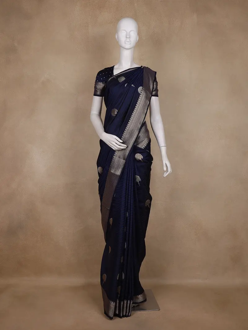 Navy Blue Striped Butta Design Semi Banarasi Saree 1