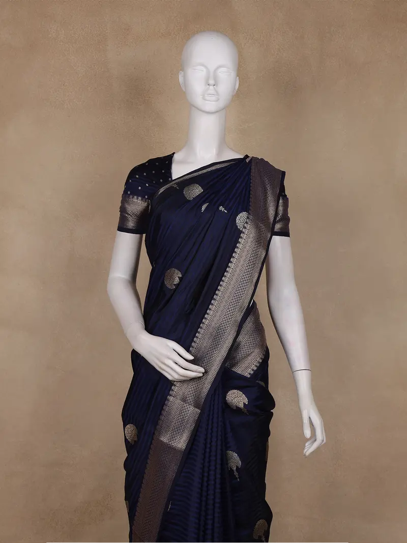 Navy Blue Striped Butta Design Semi Banarasi Saree 2