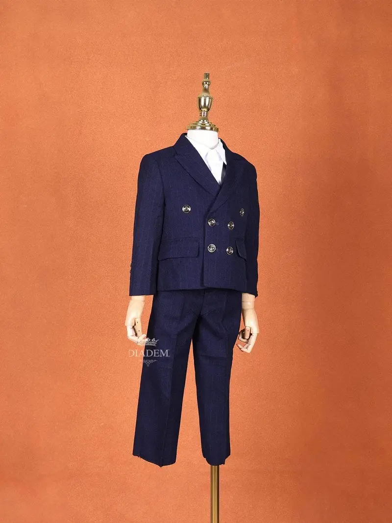 Navy Blue Striped Cotton Blend Coat Suit 2