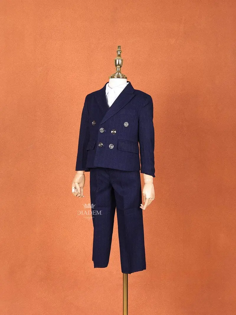Navy Blue Striped Cotton Blend Coat Suit 3