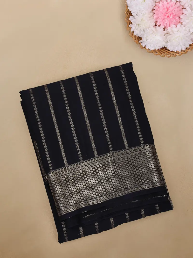 Navy Blue Striped Design Chiffon Saree With Zari Border 1