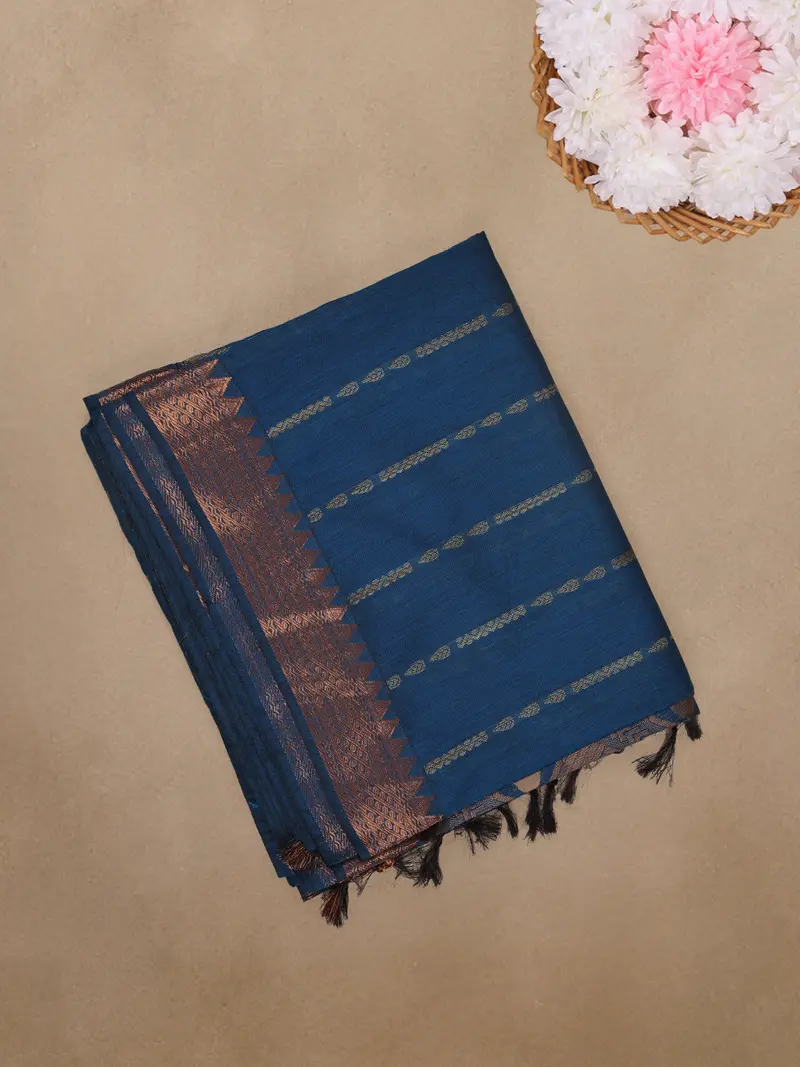 Navy Blue Striped Woven Cotton Saree 1