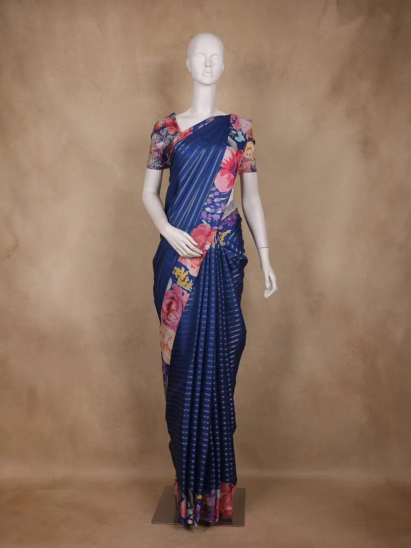 Navy Blue Stripes And Floral Printed Tussar Silk Saree 1