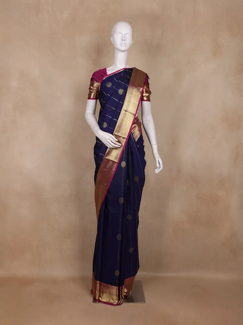 Navy Blue Stripes Butta Woven Kanchipuram Silk Saree With Contrast Pink Zari Border 1