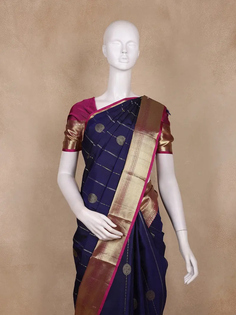 Navy Blue Stripes Butta Woven Kanchipuram Silk Saree With Contrast Pink Zari Border 2