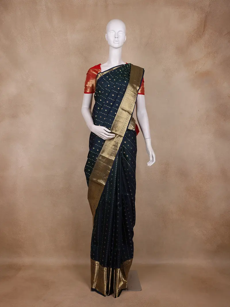 Navy Blue Stripes Butta Woven Kanchipuram Silk Saree With Zari Border 1