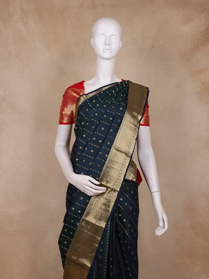 Navy Blue Stripes Butta Woven Kanchipuram Silk Saree With Zari Border 2