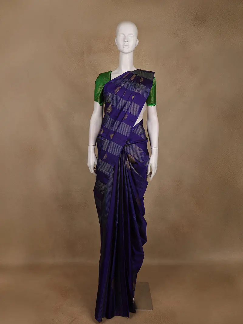 Navy Blue Stripes Woven Design Kanchipuram Silk Saree 1