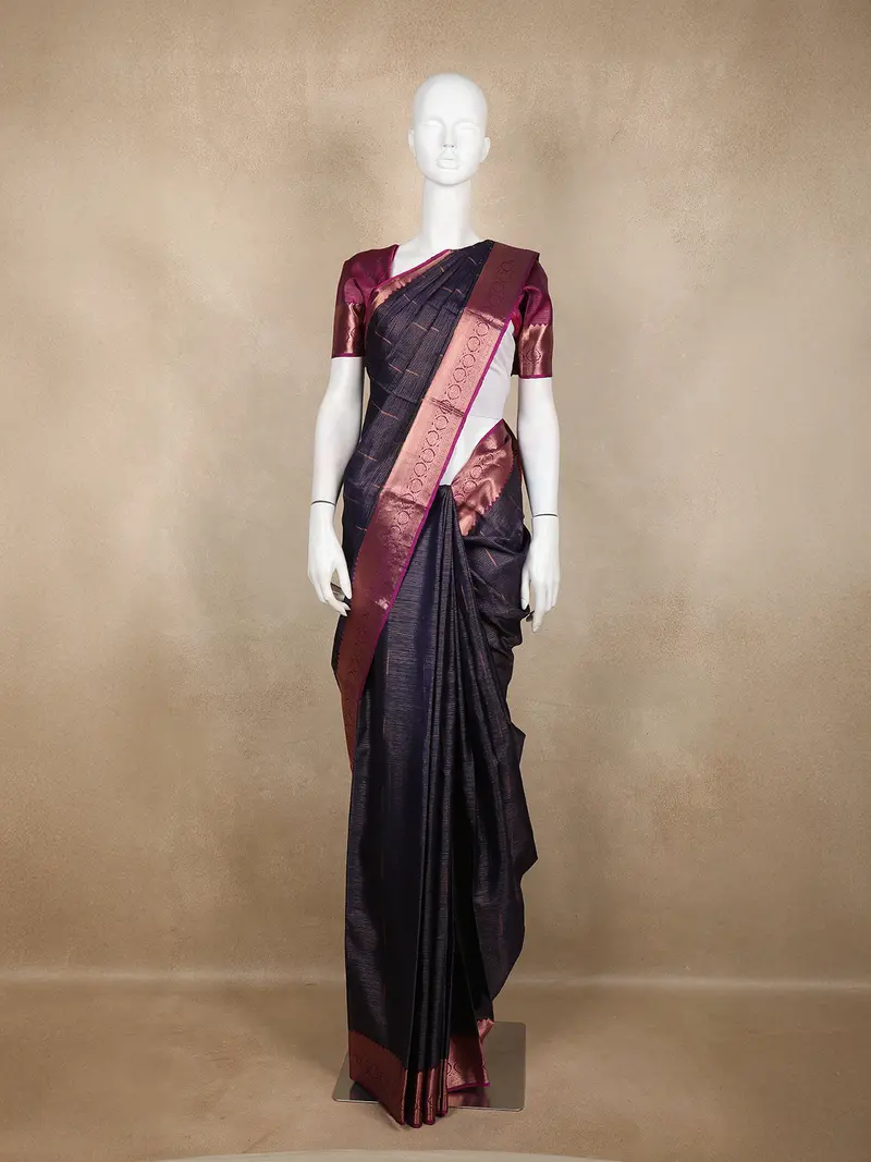 Navy Blue Stripes Woven Design Kanchipuram Silk Saree 1