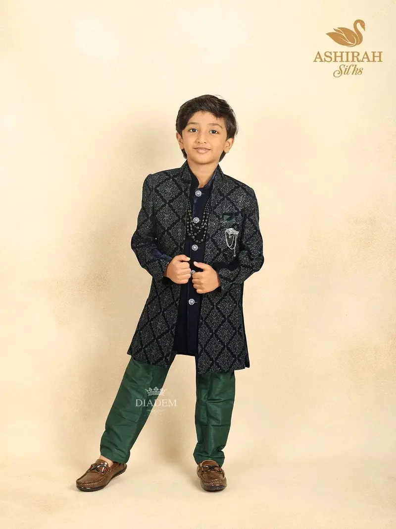 Navy Blue Velvet Indo Western Sherwani Suit With Brooch And Pearl Mala 1