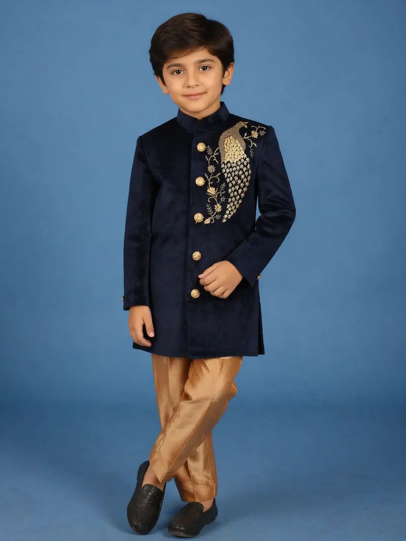Navy Blue Velvet Peacock Motif Embroidery Sherwani And Pant Set 1