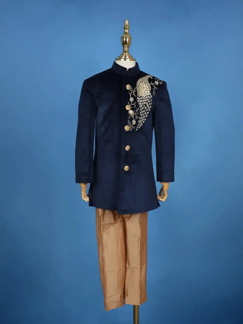 Navy Blue Velvet Peacock Motif Embroidery Sherwani And Pant Set 2