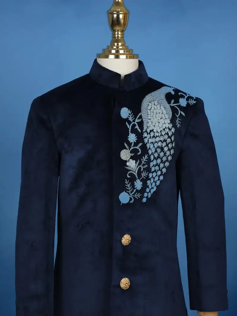 Navy Blue Velvet Peacock Motif Embroidery Sherwani And Pant Set 3