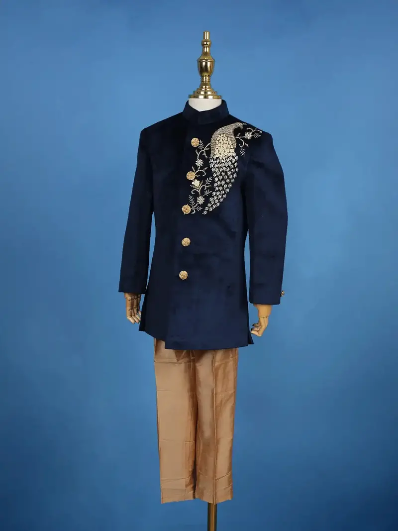 Navy Blue Velvet Peacock Motif Embroidery Sherwani And Pant Set 4