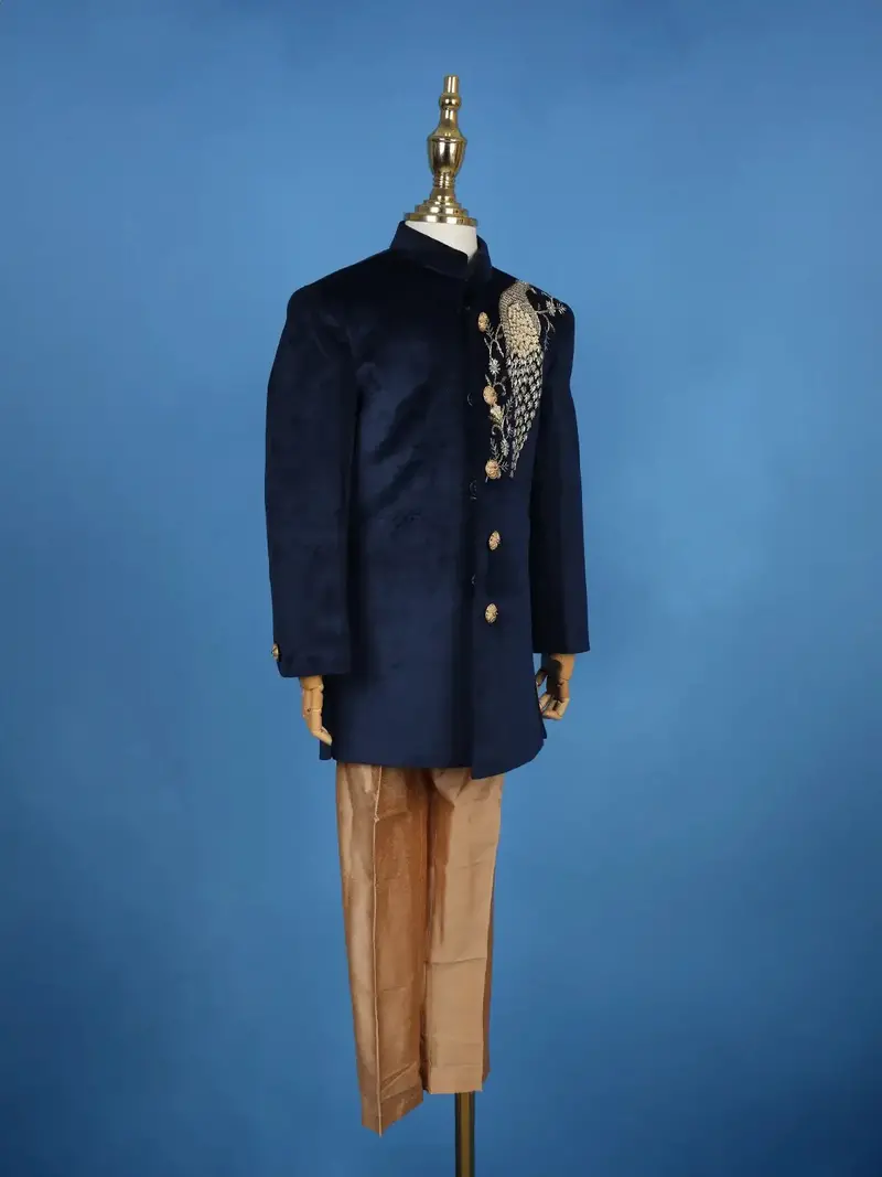 Navy Blue Velvet Peacock Motif Embroidery Sherwani And Pant Set 5