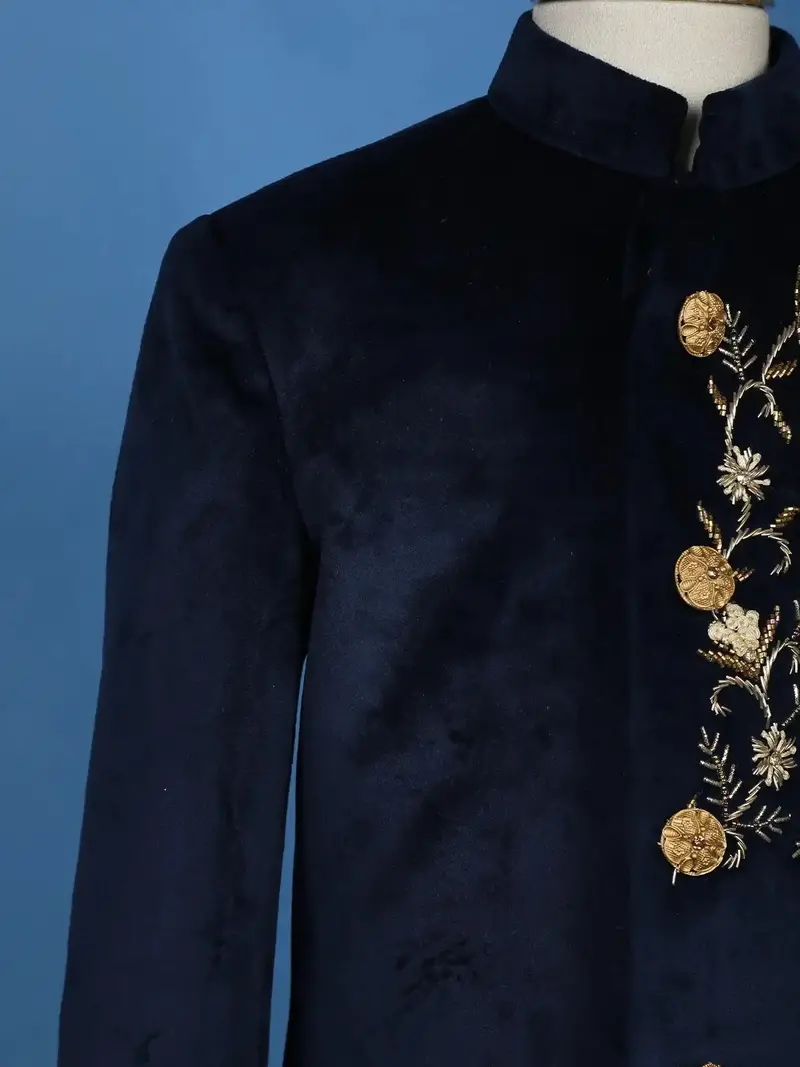 Navy Blue Velvet Peacock Motif Embroidery Sherwani And Pant Set 6