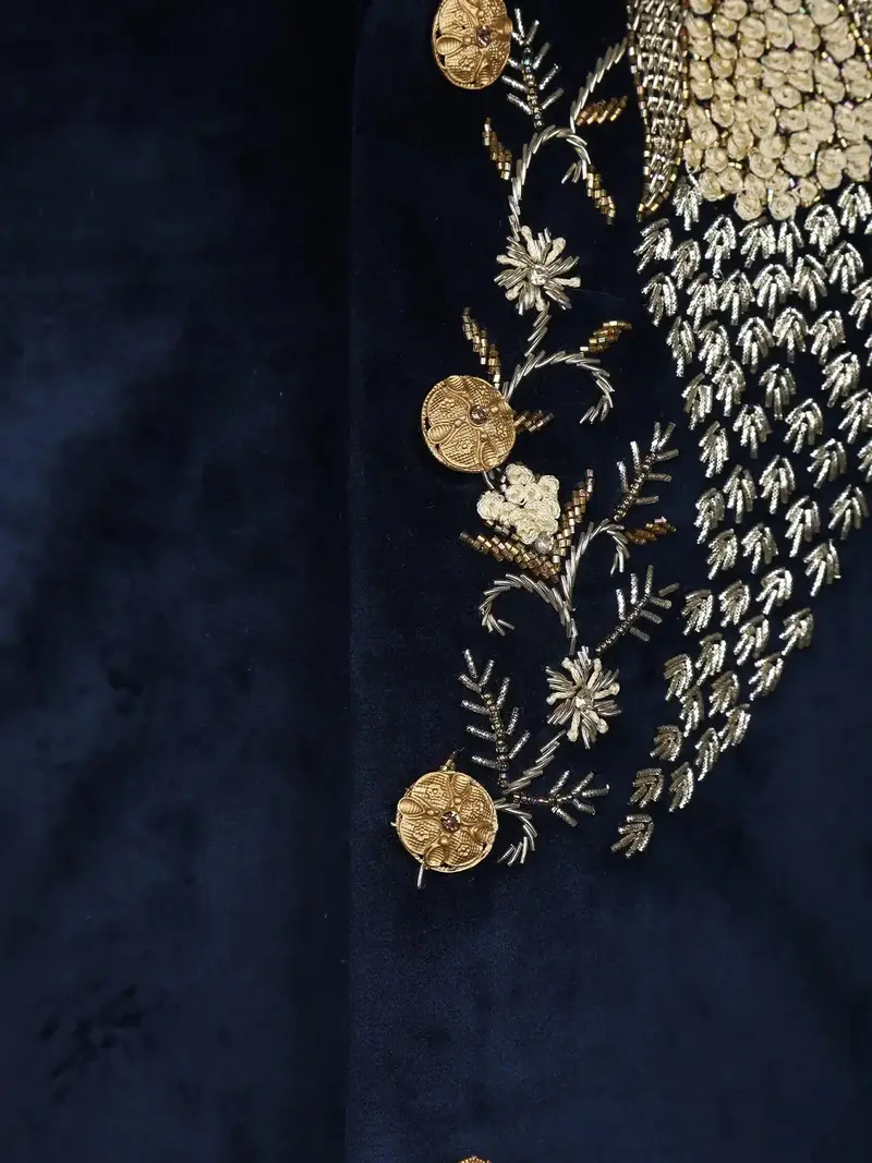 Navy Blue Velvet Peacock Motif Embroidery Sherwani And Pant Set 7