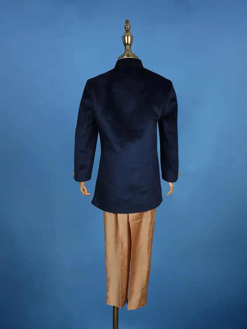Navy Blue Velvet Peacock Motif Embroidery Sherwani And Pant Set 8