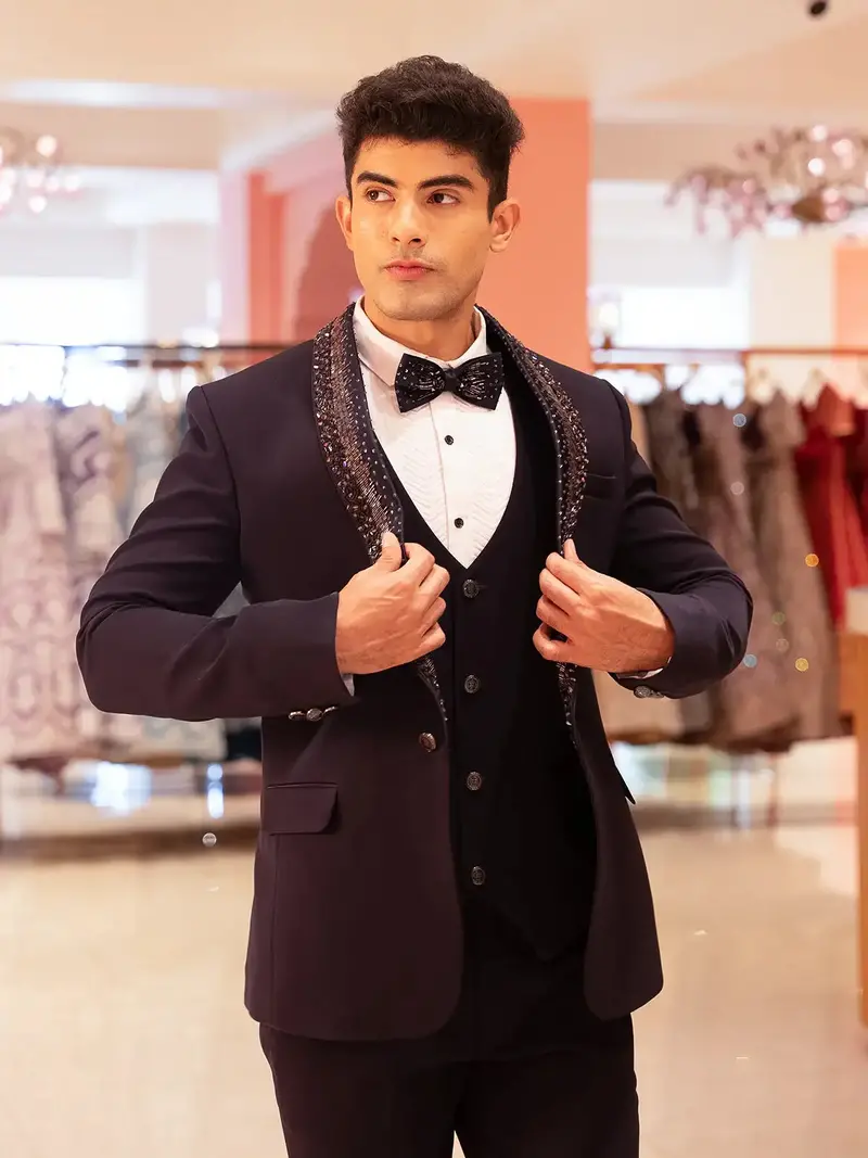Navy Blue Viscose Men's Suit With Embellished Shawl Collar 1