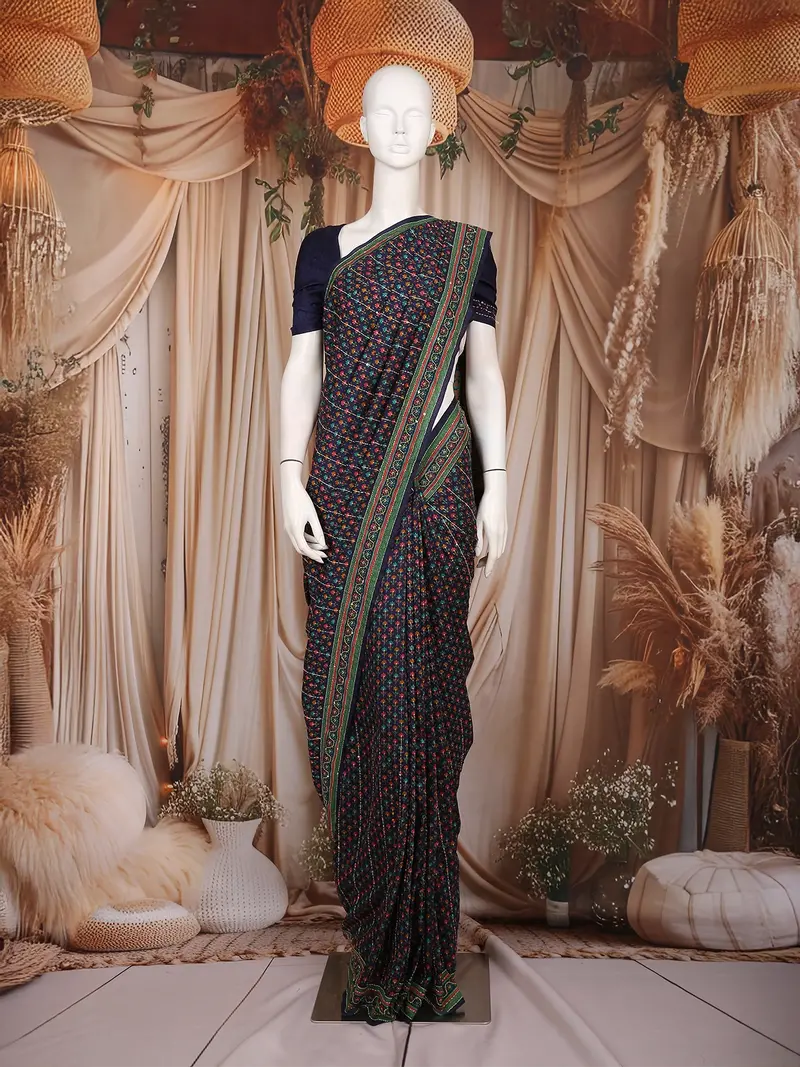 Navy Blue With Multicolor Floral Printed Design Chanderi Cotton Saree 1