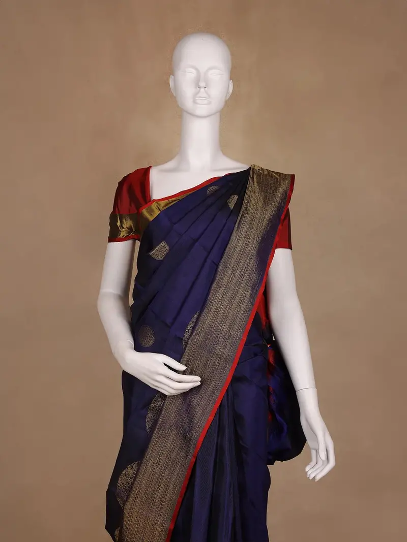 Navy Blue With Red Border Zari Butta Kanchipuram Silk Saree 2